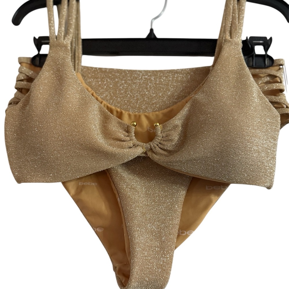 Bebe Sparkling Gold Bikini with Strappy Design